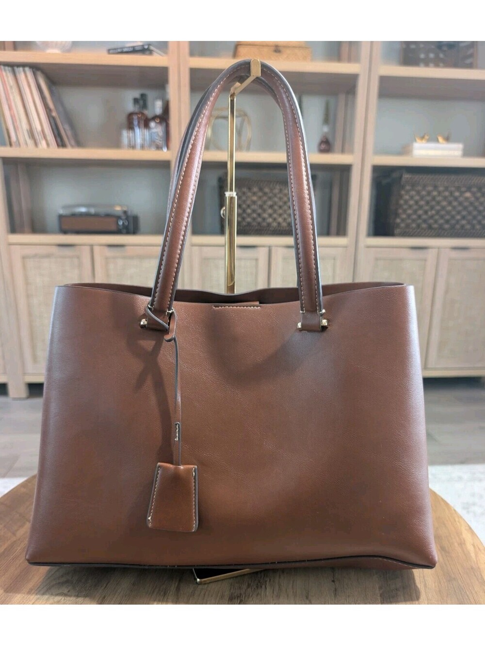 MANGO MNG Large Brown Cognac Tote Bag Shopper Gold Hardware 18" Structured